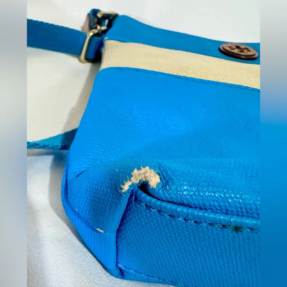 TORY BURCH Blue & Beige Canvas‎ Crossbody Colorblock Top Zip Pouch Bag